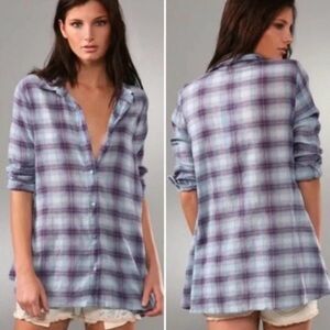 Free People Plaid Oversized Button Down Tunic Top SZ 6